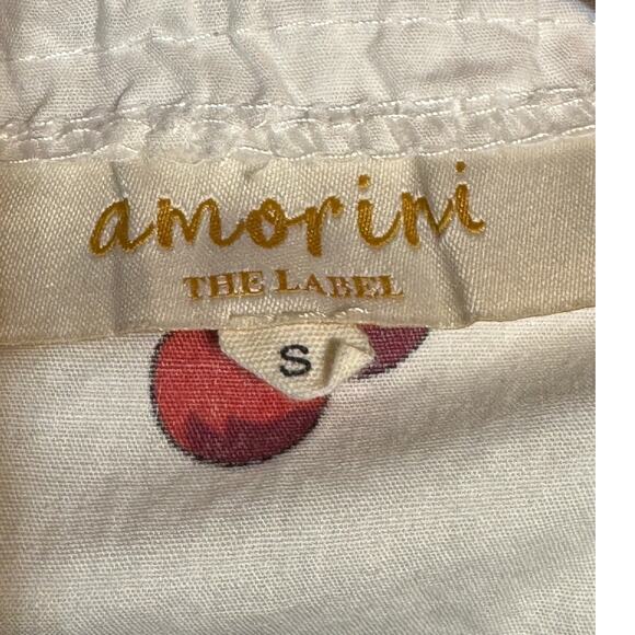 Amorini White Cherry Print Shirred Off Shoulder Puff Sleeve Mini Dress S - Picture 6 of 6